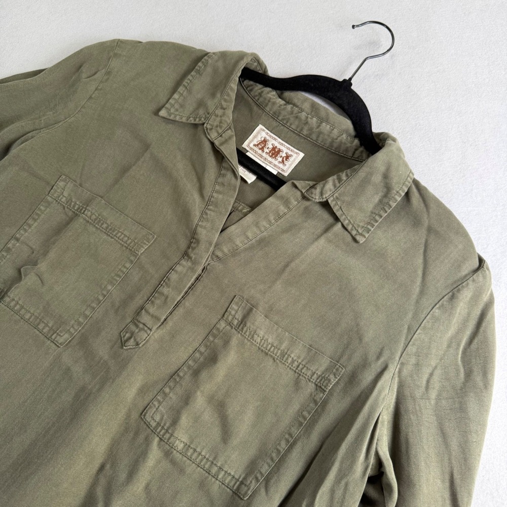 A.M.I. Women Olive Green Lyocell Utility Safari High Low Tunic Top Size M 2892